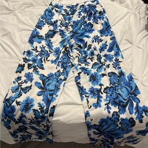 Christian Lacroix Blue and White Floral Wide Leg Pants